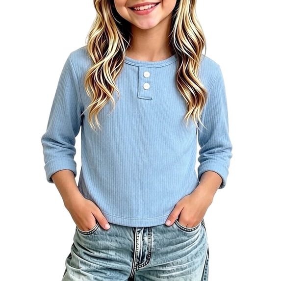 yillto Little Girls Long Sleeve Shirts Ribbed Crewneck Solid Color Basic Casual Tshirts Tops for Kids