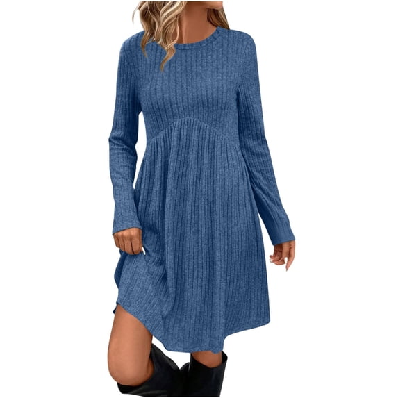 yillto Long Sleeve Dress for Women Crew Neck Ribbed Knit Tunic Dresses Knee Length Sweaters Outfits