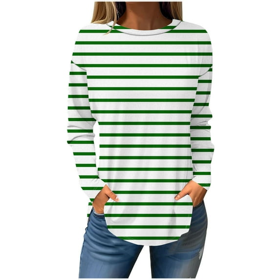 yillto Long Sleeve Shirt for Women Plus Size Round Neck Striped Tunic Tops Fall Trendy Casual Blouses