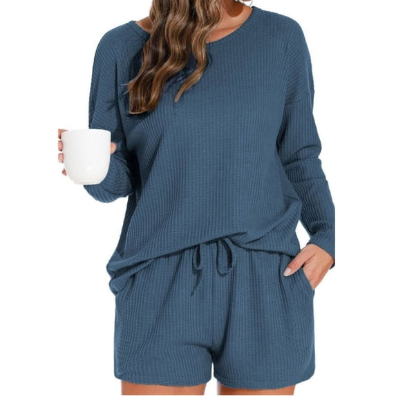 yillto Lounge Set for Womens Long Sleeve Ribbed Top and Shorts Loungewear Sweatsuit with Pockets