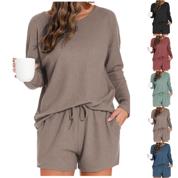 yillto Lounge Set for Womens Long Sleeve Ribbed Top and Shorts Loungewear Sweatsuit with Pockets