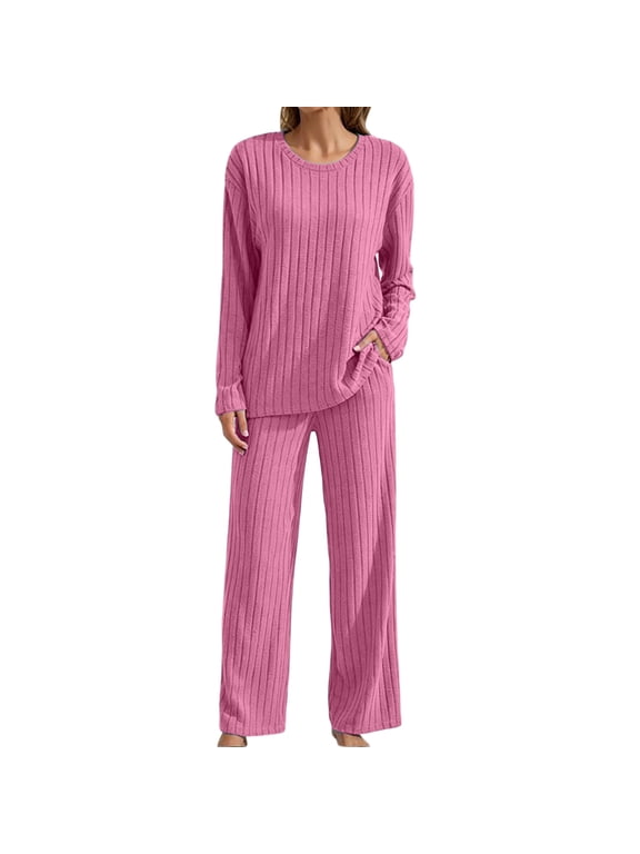 Sets for Women's Ribbed Long Sleeve Tops and Pajamas Pjs Pants Soft Comfy Matching Fall 2 Piece Outfits