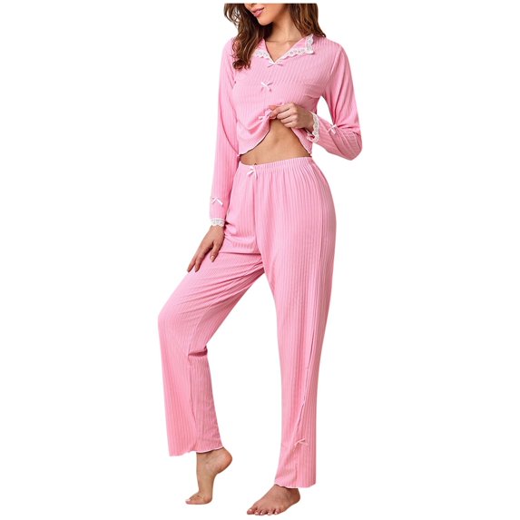 yillto Lounge Sets for Womens Ribbed Long Sleeve Pjs Top and Pant 2 Piece Sleepwear Loungewear Outfits