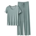 thumbnail image 1 of yillto Lounge Sets for Womens V Neck Short Sleeve Shirts Top and Long Loose Pants Sleepwear Causal 2 Piece, 1 of 3