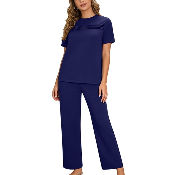 yillto Lounge Sets for Womens Crew Neck Short Sleeve Shirts Top and Wide Leg Loose Pants Sleepwear Causal 2 Piece