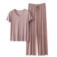 thumbnail image 1 of yillto Lounge Sets for Womens V Neck Short Sleeve Shirts Top and Long Loose Pants Sleepwear Causal 2 Piece, 1 of 3