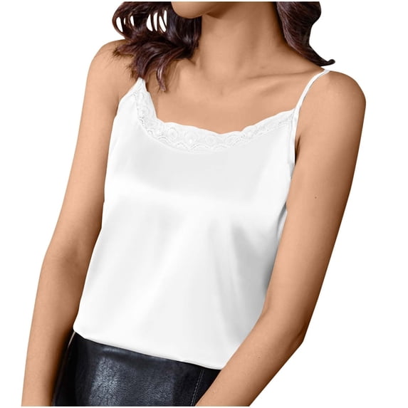 yillto M-4XL Plus Size Tank Tops for Womens Satin Silky Lace V Neck Sleeveless Vest Shirts Business Cami Blouse