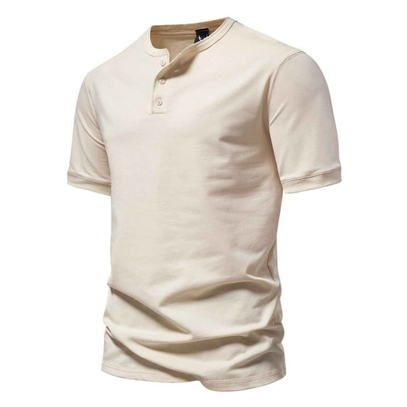 Maean Men Big and Tall Cotton Tee Button Neck Short Sleeve Loose Summer Solid Color Shirts for Mens