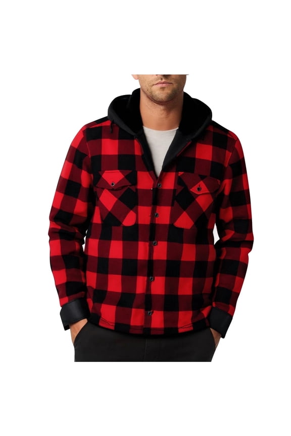 Men Big and Tall Plaid Cardigan Hooded Button down Fleece Warm Long Sleeve Fall Winter Coats Jackets