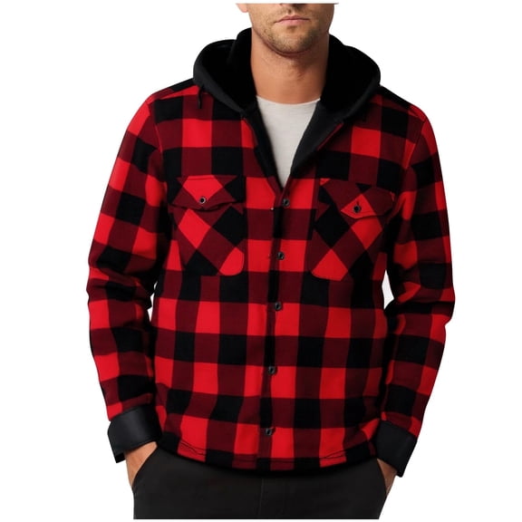 yillto Men Big and Tall Plaid Cardigan Hooded Button down Fleece Warm Long Sleeve Fall Winter Coats Jackets