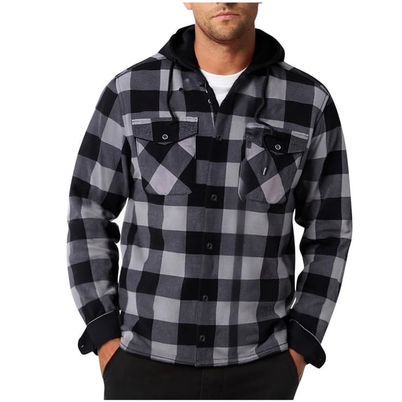 yillto Men Big and Tall Plaid Cardigan Hooded Button down Fleece Warm Long Sleeve Fall Winter Coats Jackets