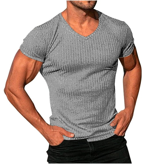 yillto Men Big and Tall Tee V Neck Stretch Short Sleeve V Neck Workout Tshirts Ribbed Knit Shirt