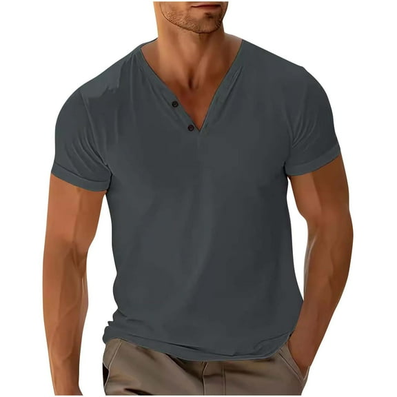 yillto Men Cotton Tshirts V Neck Buttons Short Sleeve Loose Tee Summer Causal Basic Shirts Top Outfits