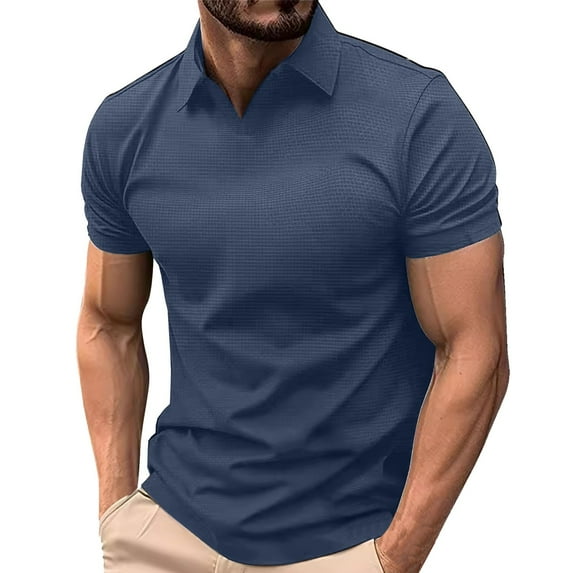 yillto Men Muscle Shirts V Neck Short Sleeve Collared Plain Tee Summer Solid Color Casual Tshirts Tops