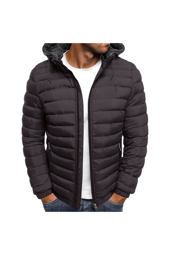 Men Puffer Jacket Lightweight Hoodie Padded Full Zip Long Sleeve Fall Winter Outwear Coat
