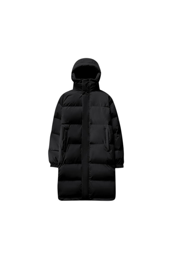 Men Winter Long Jackets Quilted Insulated Warm Thick Windproof Knee Length Coat with Hoodie