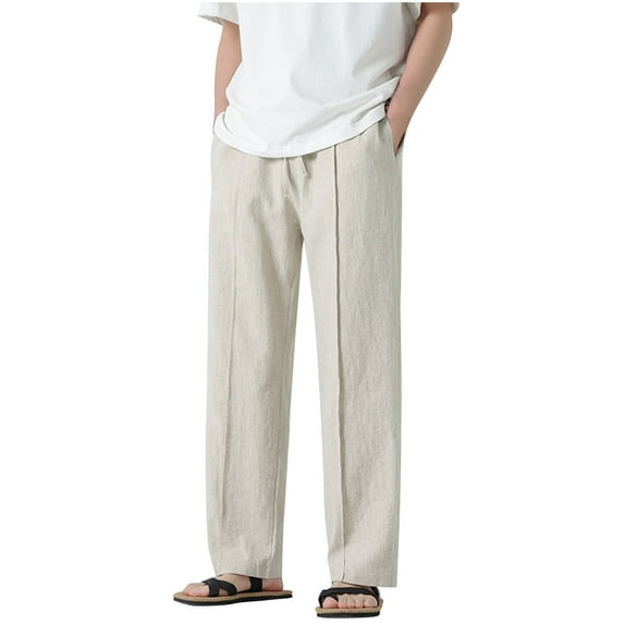 yillto Men's Cotton Linen Pants Drawstring Elastic Waist Big and Tall Pants Casual Straight Leg with Pockets