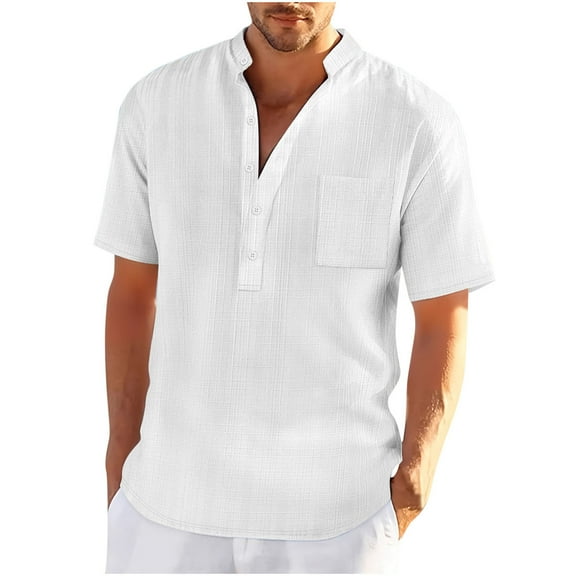 yillto Men's Cotton Linen Shirts Short Sleeve V Neck Button Summer Lightweight Beach Tshirts Tops