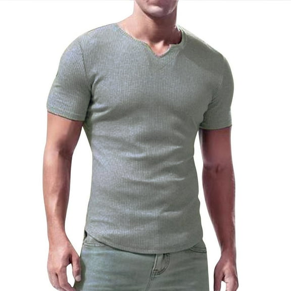 yillto Men's Muscle T Shirts Stretch Short Sleeve V Neck Workout Gym Tee Shirts Ribbed Knit Shirt