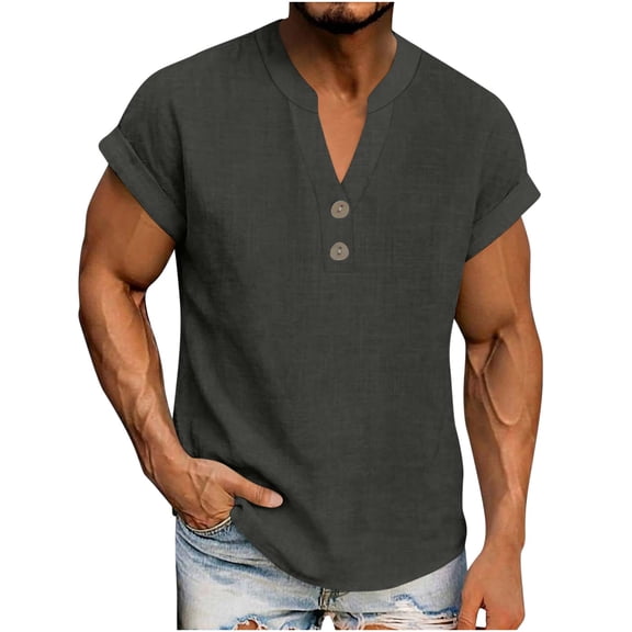 yillto Men's T Shirt Short Sleeve V Neck Shirt Casual Summer Classic Buttons Basic Cotton Linen Tee Shirts