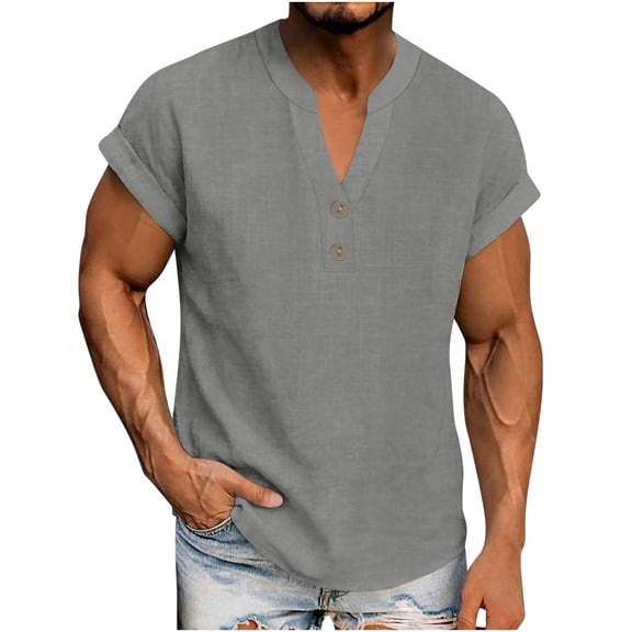 yillto Men's T Shirt Short Sleeve V Neck Shirt Casual Summer Classic Buttons Basic Cotton Linen Tee Shirts