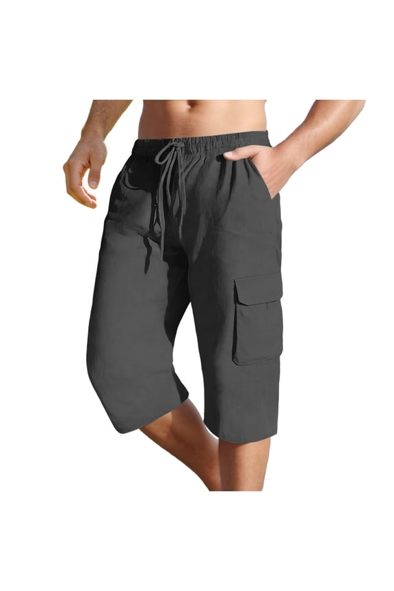Mens Cotton Linen Capris Summer Cargo Pant Cropped Loose Lightweight Casual Capri Pants with Pockets