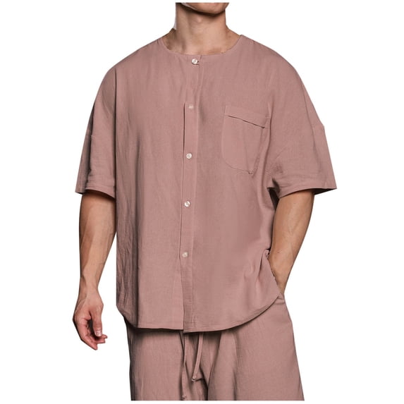 Maean Mens Cotton Linen Shirts Buttons Neck Short Sleeve Loose Solid Color Causal Basic Tee Tops