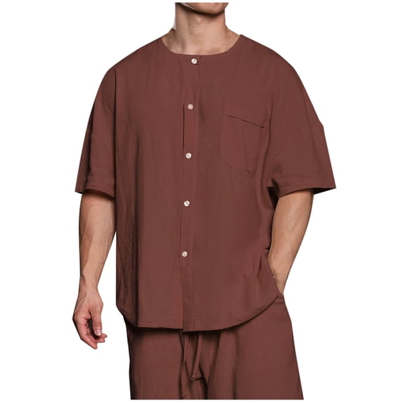 Maean Mens Cotton Linen Shirts Buttons Neck Short Sleeve Loose Solid Color Causal Basic Tee Tops