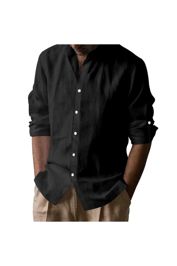 Mens Cotton Linen Tops Button down Collared Blouse Summer Beach Vacation Long Sleeve Shirt