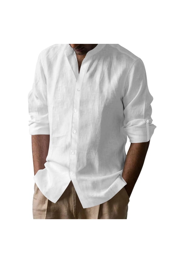 Mens Cotton Linen Tops Button down Collared Blouse Summer Beach Vacation Long Sleeve Shirt