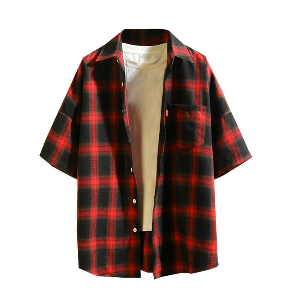 yillto Mens Cotton Shirts Big and Tall Plaid Tee Button down Short Sleeve Loose Top with Pockets