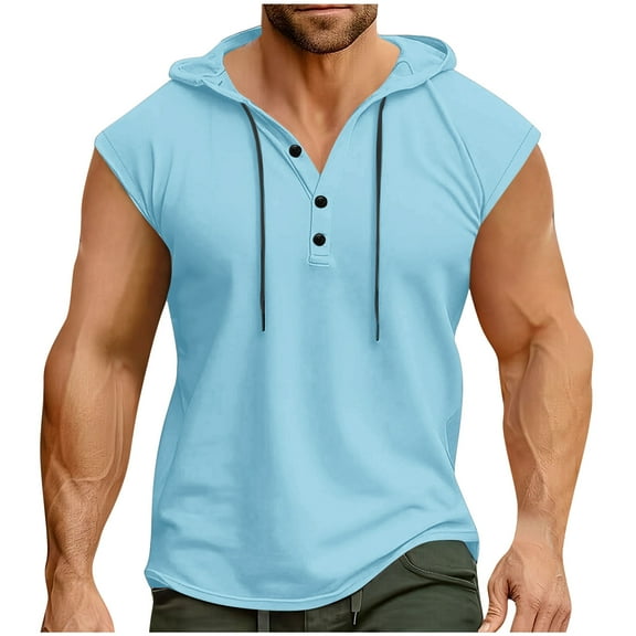 yillto Mens Hoodie Tank Sleeveless Buttons Tee Workout Training Gym Shirts Causal Loose Summer Tshirts