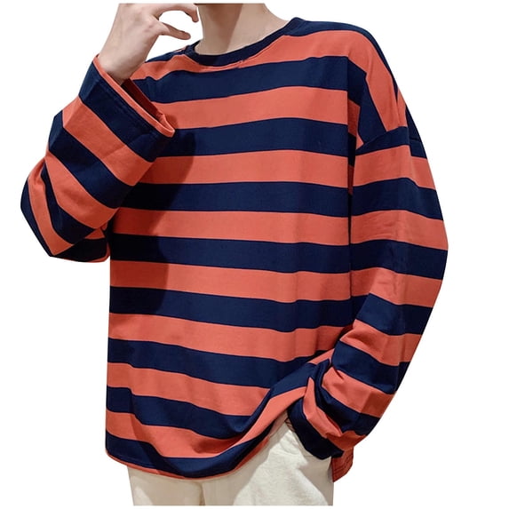 yillto Mens Shirts Striped Cotton Crewneck Long Sleeve Basic Pullover Casual Lightweight Tee Shirt