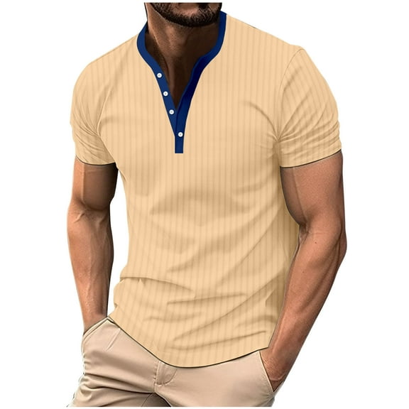 yillto Mens Shirts V Neck Button Collared Short Sleeve Shirt Ribbed Basic Solid Color Tshirts Tops