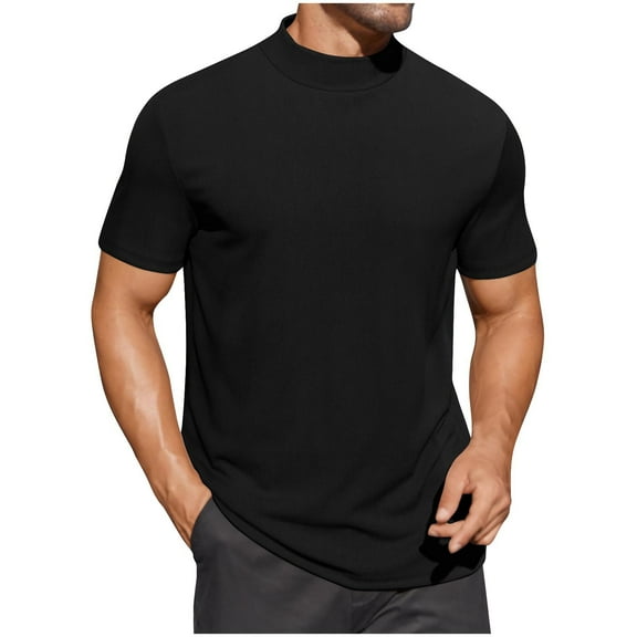 yillto Mens Turtleneck Shirts Short Sleeve Solid Color Ribbon T Shirts Slim Basic Tops Lightweight Tee