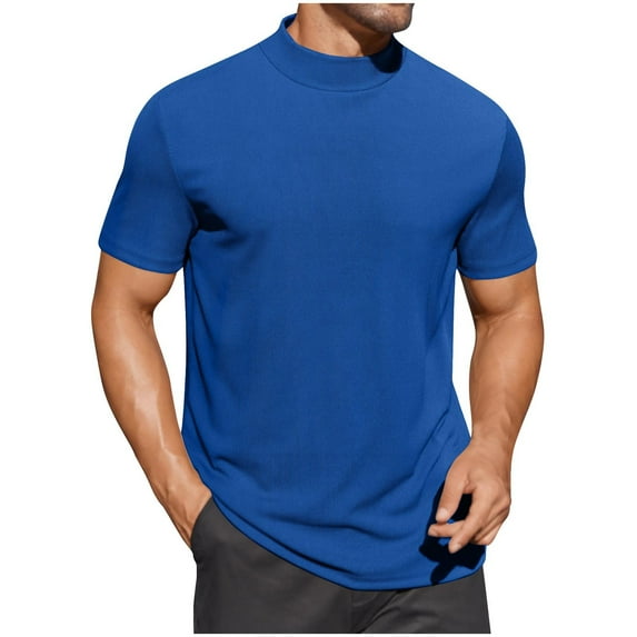 yillto Mens Turtleneck Shirts Short Sleeve Solid Color Ribbon T Shirts Slim Basic Tops Lightweight Tee