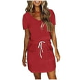 thumbnail image 1 of yillto Mini Dress for Women Casual V Neck Dresses with Pockets Trendy Short Sleeve Drawstring Dresses, 1 of 5