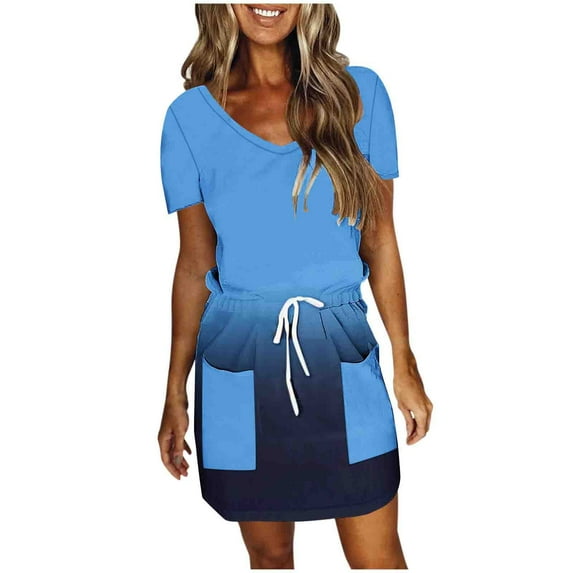 yillto Mini Dress for Women Casual V Neck Dresses with Pockets Trendy Short Sleeve Drawstring Dresses