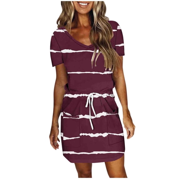 yillto Mini Dress for Women Casual V Neck Dresses with Pockets Trendy Short Sleeve Drawstring Dresses