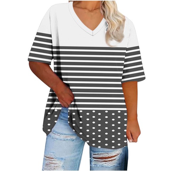 yillto Plus Size Blouse for Womens Short Sleeve V Neck Loose Top Summer Causal Tunic Tee XL-5XL