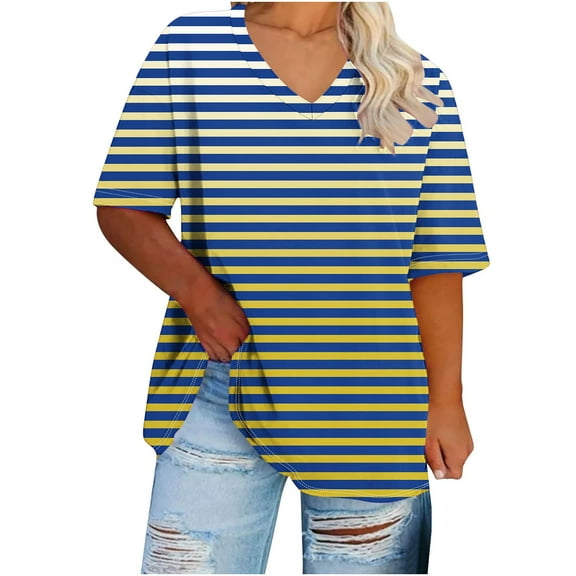 yillto Plus Size Blouse for Womens Summer Trendy Short Sleeve V Neck Loose Flowy Tunic Top XL-5XL