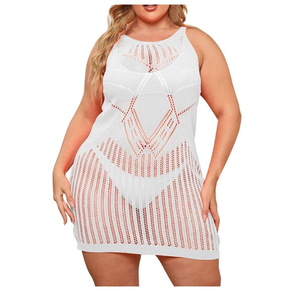 yillto Plus Size Crochet Dress for Women Crochet Sleeveless Tank Tunic Dresses Beach Summer Cover up XL-3XL