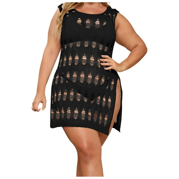 yillto Plus Size Crochet Dress for Women Crochet Sleeveless Tank Tunic Dresses Side Split Cover up XL-3XL