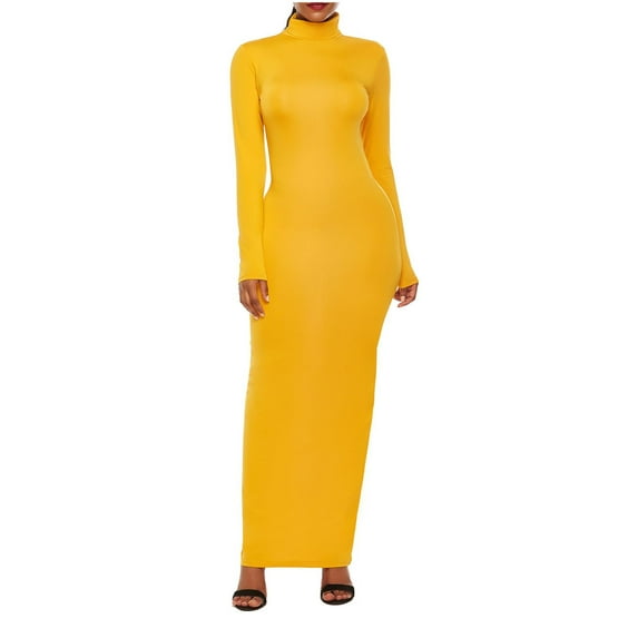 yillto Plus Size Dress for Women's Turtleneck Long Sleeve Maxi Dress Casual Basic Solid Color Slim Dresses