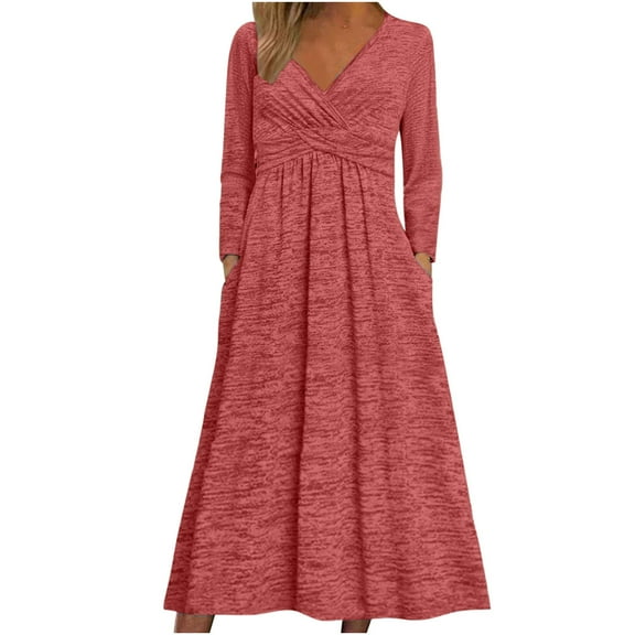 yillto Plus Size Dress for Womens V Neck Wrap Long Sleeve Maxi Dresses High Waist Casual Outfits with Pockets