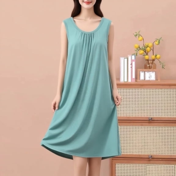 yillto Plus Size Nightgown for Womens Sleeveless Crew Neck Loose Nightdress Sleepwear Comfy Night Gowns