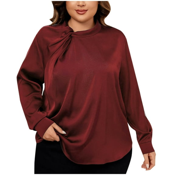 yillto Plus Size Satin Blouse for Womens Round Neck Long Sleeve Loose Fitting Elegant Tops XL-4XL