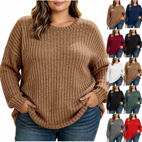 yillto Plus Size Sweaters for Women's Long Sleeve Ribbed Blouse Lightweight Knit Fall Sweater Tops L-5XL