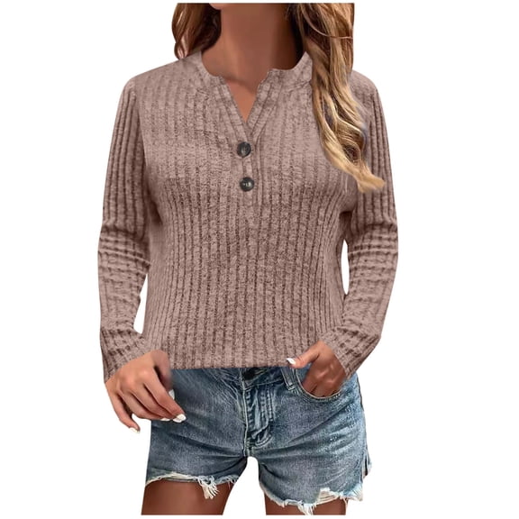 yillto Plus Size Sweaters for Womens V Neck Buttons Long Sleeve Ribbed Top Knit Dressy Tunic Blouse Clothes