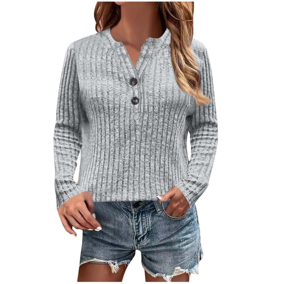 yillto Plus Size Sweaters for Womens V Neck Buttons Long Sleeve Ribbed Top Knit Dressy Tunic Blouse Clothes